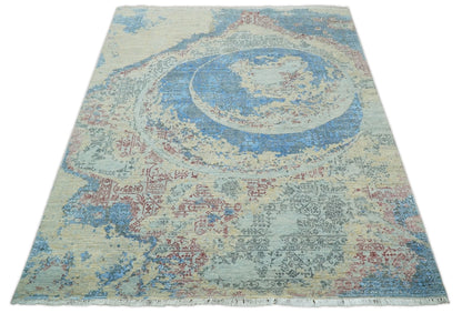 8x10 Fine Hand Knotted Beige and Blue Modern Abstract Style Antique Wool and Silk Area Rug | AGR37