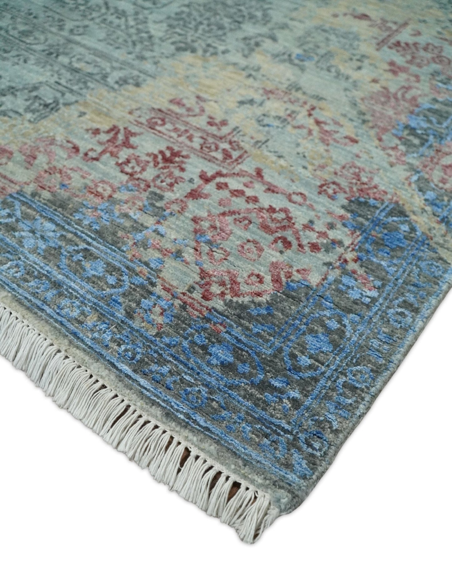 8x10 Fine Hand Knotted Beige and Blue Modern Abstract Style Antique Wool and Silk Area Rug | AGR37