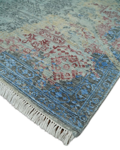 8x10 Fine Hand Knotted Beige and Blue Modern Abstract Style Antique Wool and Silk Area Rug | AGR37