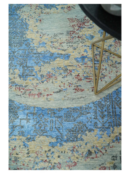 8x10 Fine Hand Knotted Beige and Blue Modern Abstract Style Antique Wool and Silk Area Rug | AGR37