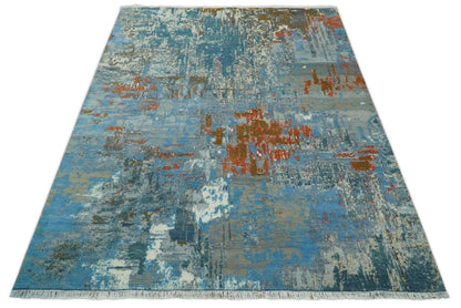 8x10 Fine Hand Knotted Beige and Blue Modern Abstract Style Antique Wool and Silk Area Rug | AGR43