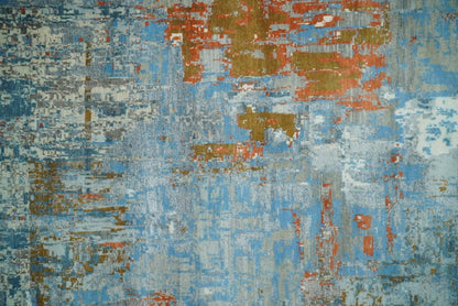 8x10 Fine Hand Knotted Beige and Blue Modern Abstract Style Antique Wool and Silk Area Rug | AGR43