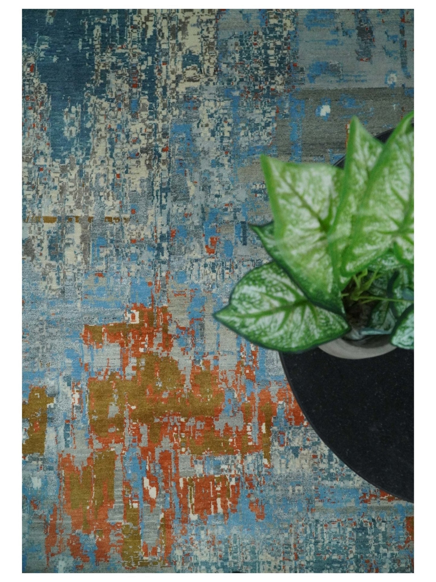 8x10 Fine Hand Knotted Beige and Blue Modern Abstract Style Antique Wool and Silk Area Rug | AGR43