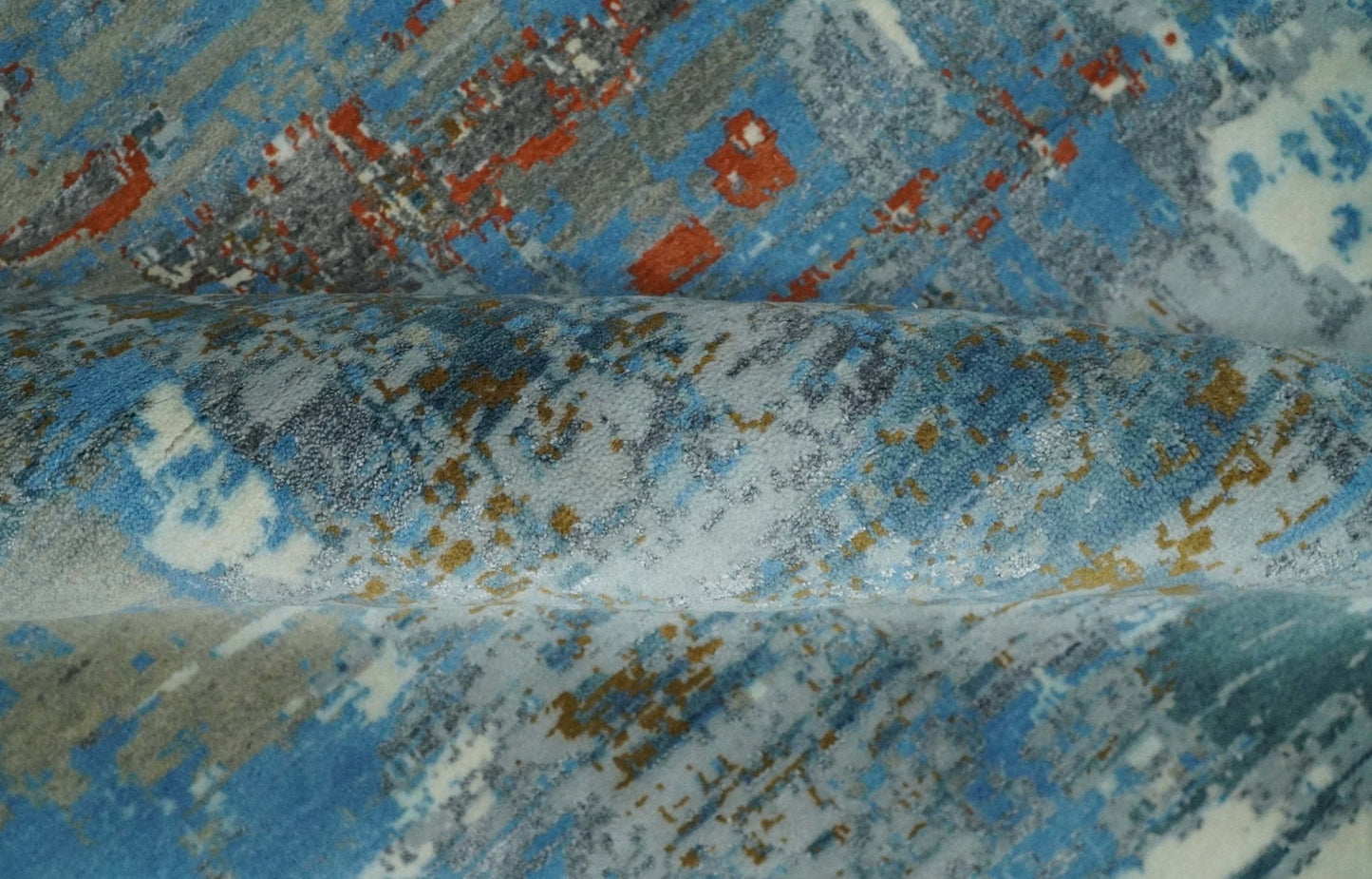 8x10 Fine Hand Knotted Beige and Blue Modern Abstract Style Antique Wool and Silk Area Rug | AGR43