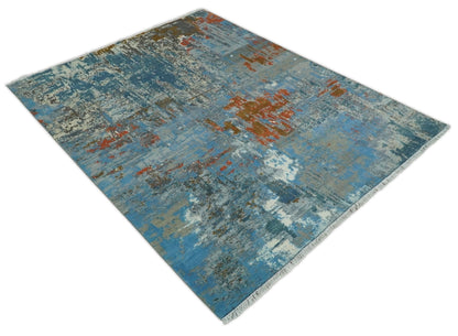 8x10 Fine Hand Knotted Beige and Blue Modern Abstract Style Antique Wool and Silk Area Rug | AGR43