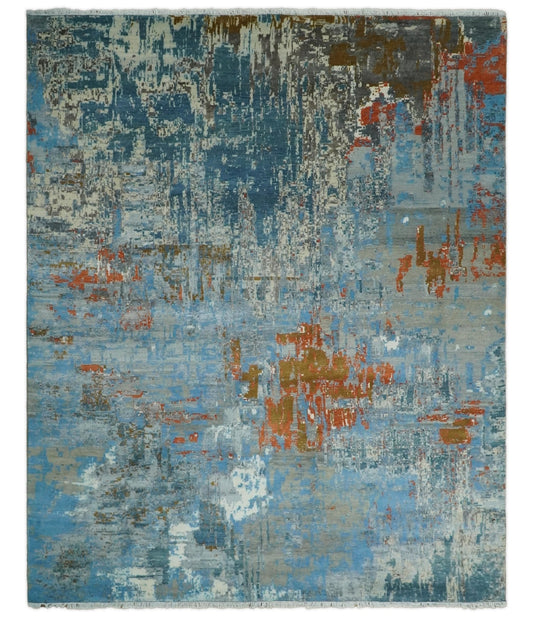 8x10 Fine Hand Knotted Beige and Blue Modern Abstract Style Antique Wool and Silk Area Rug | AGR43