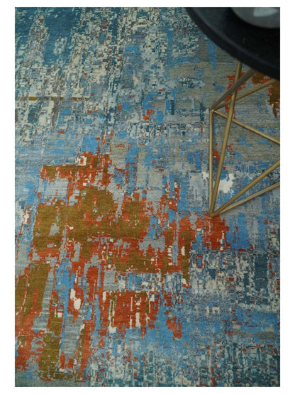 8x10 Fine Hand Knotted Beige and Blue Modern Abstract Style Antique Wool and Silk Area Rug | AGR43