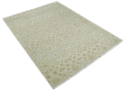 8x10 Fine Hand Knotted Beige and Gold Traditional Vintage Persian Style Antique Silk Rug | AGR21