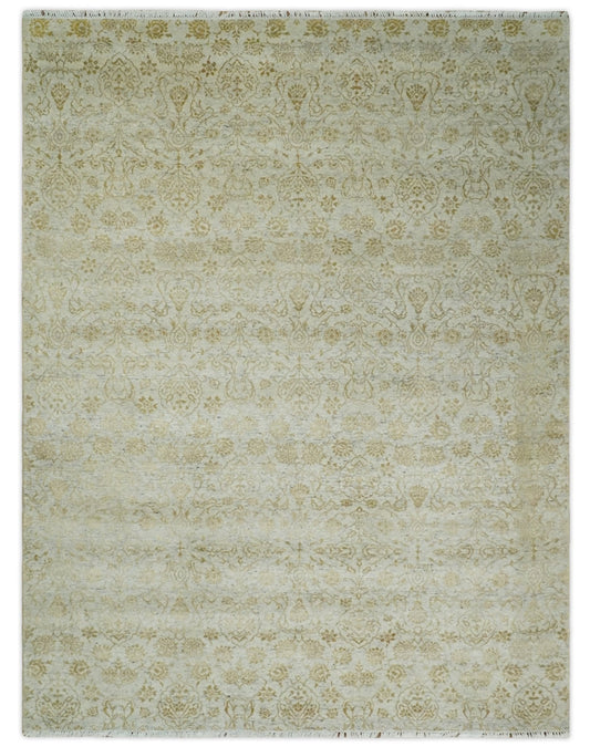 Tappeto antico in seta persiano stile vintage tradizionale beige e oro annodato a mano fine 8x10 | AGR21