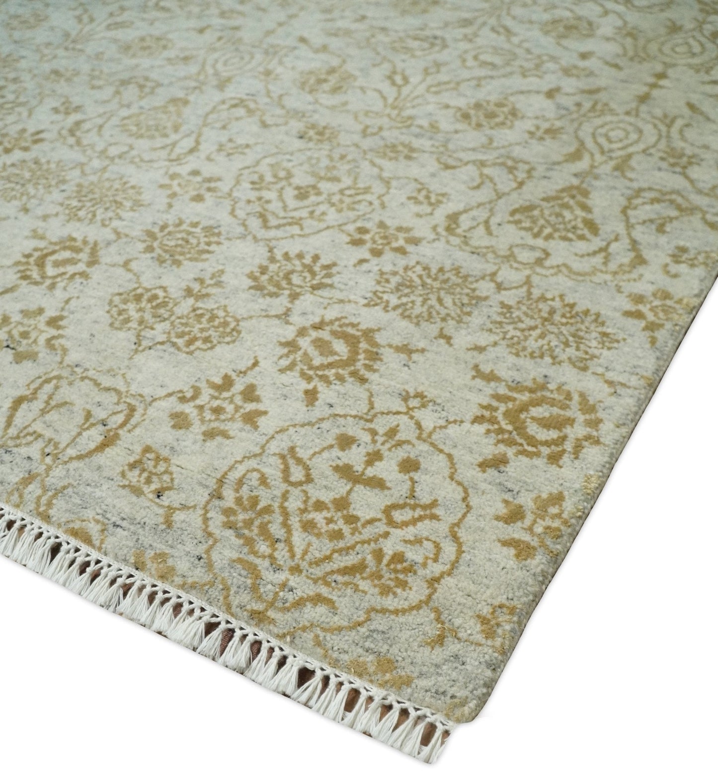 8x10 Fine Hand Knotted Beige and Gold Traditional Vintage Persian Style Antique Silk Rug | AGR21