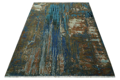 8x10 Fine Hand Knotted Blue and Brown Modern Abstract Wool Area Rug | AGR42