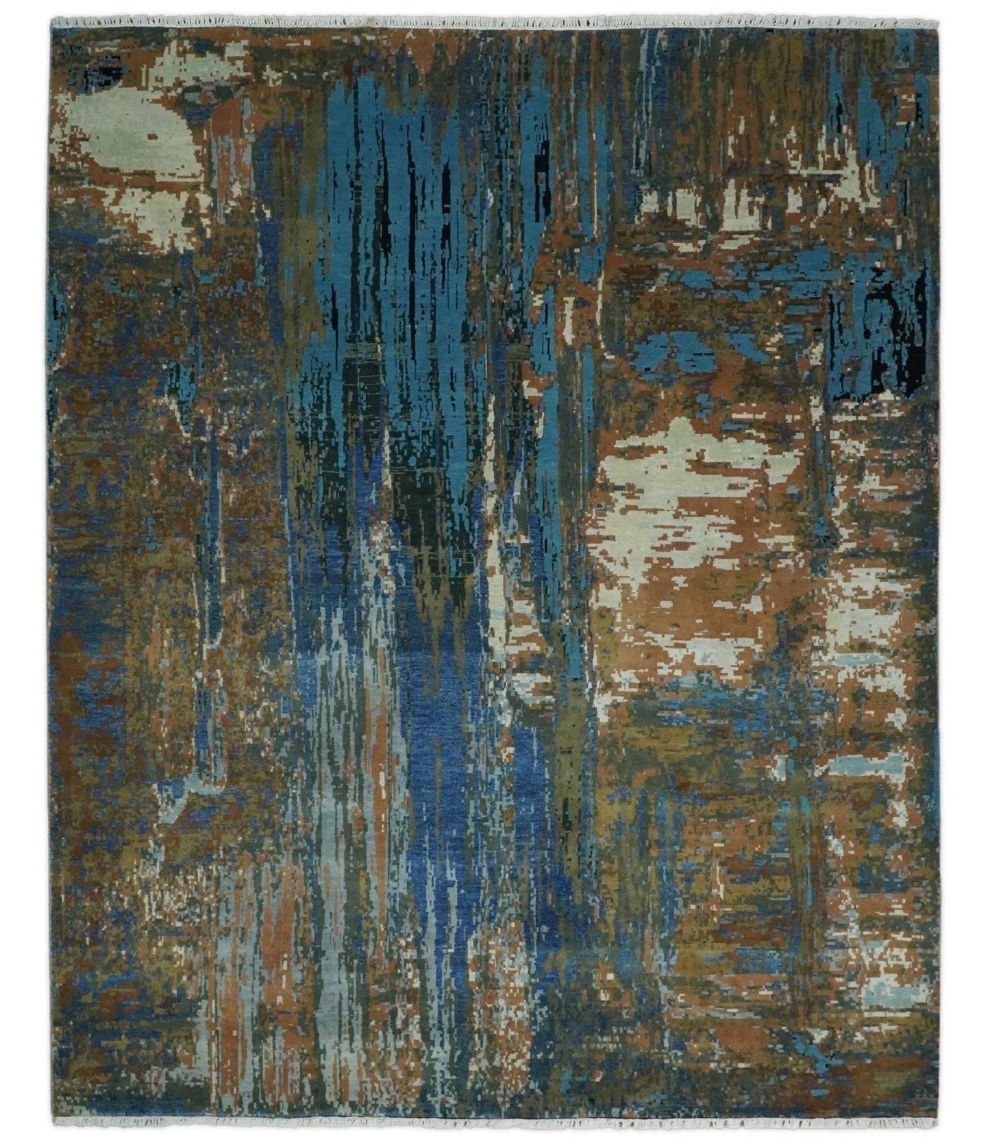 8x10 Fine Hand Knotted Blue and Brown Modern Abstract Wool Area Rug | AGR42