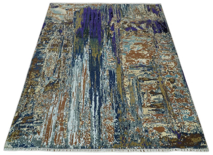 8x10 Fine Hand Knotted Brown Multicolor Modern Abstract Wool and Bamboo Silk Area Rug | AGR19