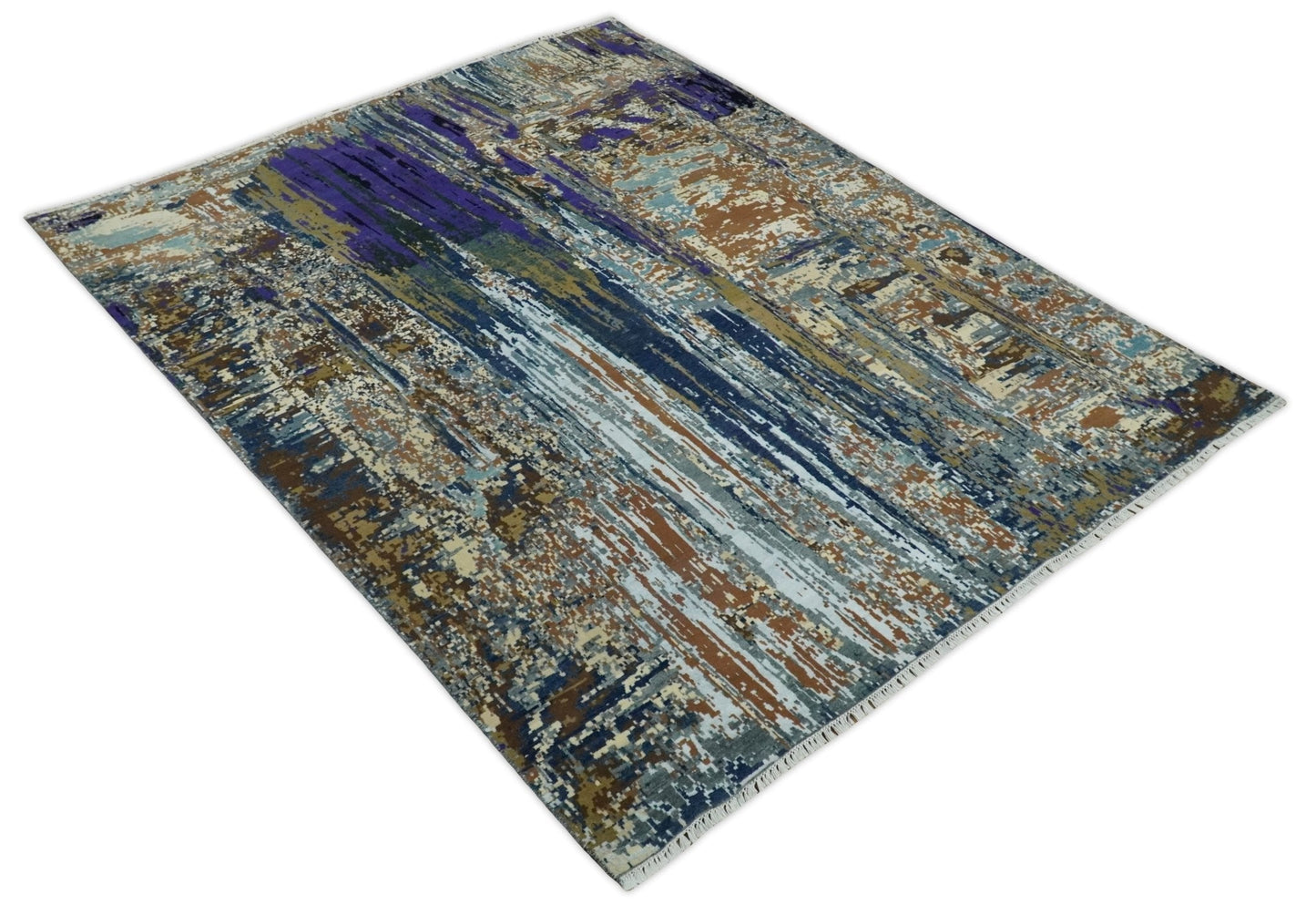8x10 Fine Hand Knotted Brown Multicolor Modern Abstract Wool and Bamboo Silk Area Rug | AGR19