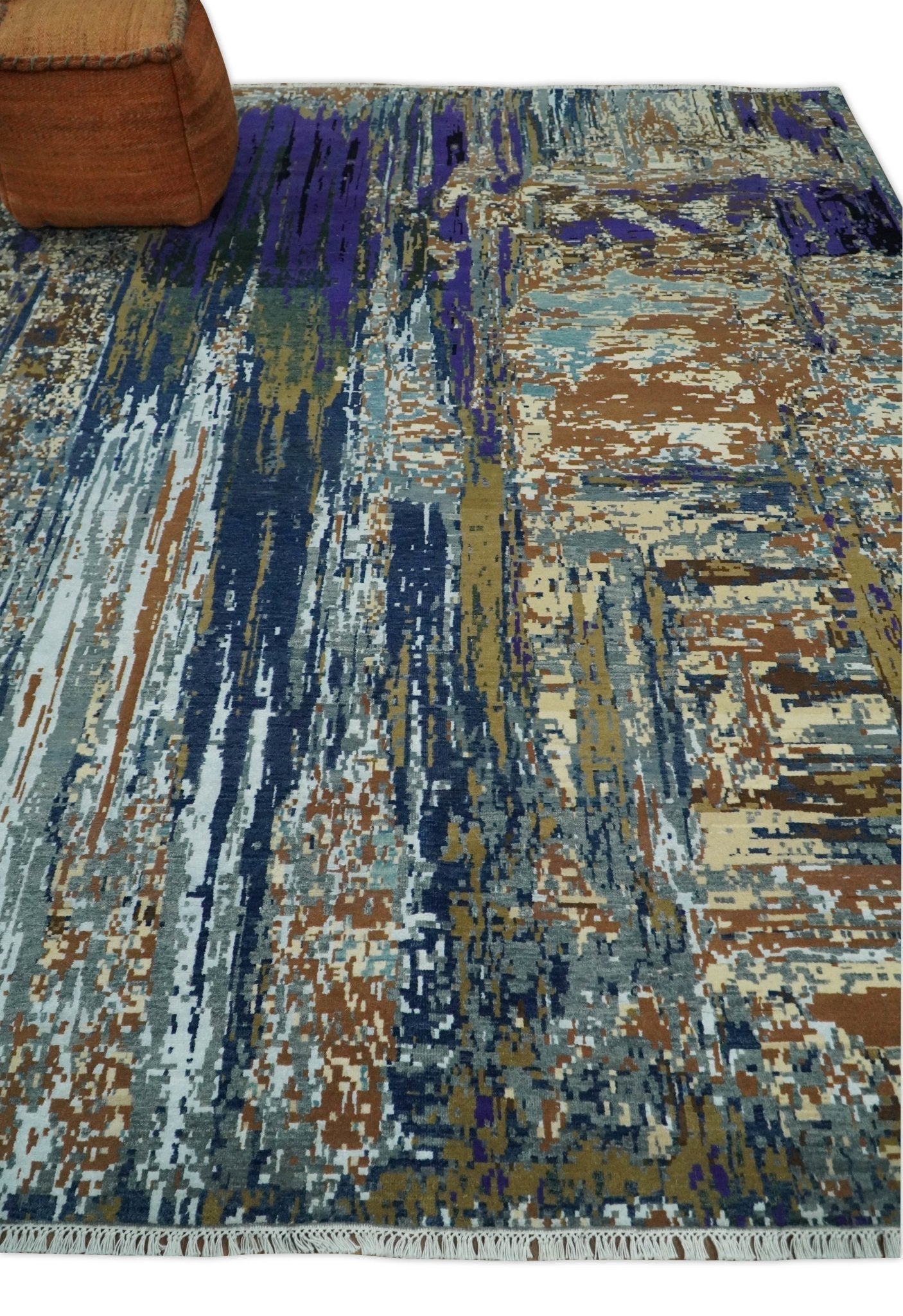 8x10 Fine Hand Knotted Brown Multicolor Modern Abstract Wool and Bamboo Silk Area Rug | AGR19