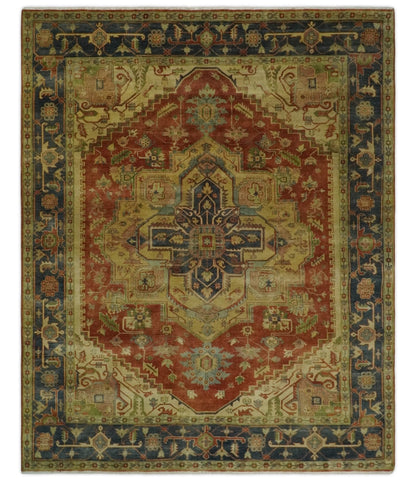 8x10 Gold, Rust and Charcoal Heriz Serapi Traditional Vintage Turkish Style Antique Look Hand Knotted Wool Area Rug | N361810