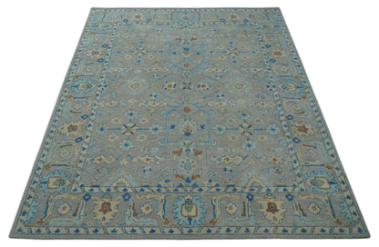 8x10 Hand Tufted Gray, Beige and Accent Blue Traditional Herati Design Wool Rug