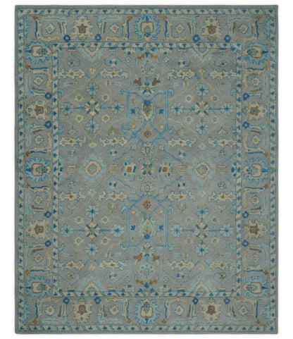 8x10 Hand Tufted Gray, Beige and Accent Blue Traditional Herati Design Wool Rug