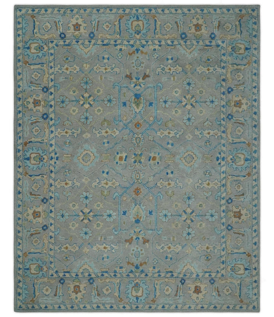 8x10 Hand Tufted Gray, Beige and Accent Blue Traditional Herati Design Wool Rug