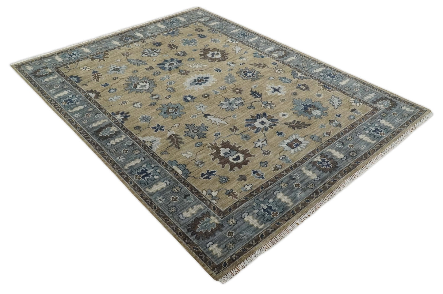 8x10 Traditional Beige and Gray Antique Style Floral Hand knotted Wool Area Rug