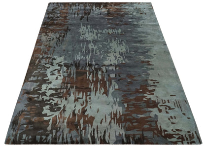 8x11 Gray, Silver and Brown Modern Abstract Hand Tufted wool and Art silk Area Rug