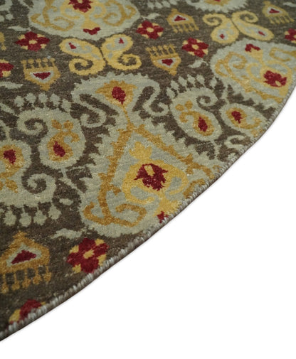 8x8 Round Fine Hand Knotted Brown and Beige Traditional Vintage Persian Style Antique Wool Rug | AGR48
