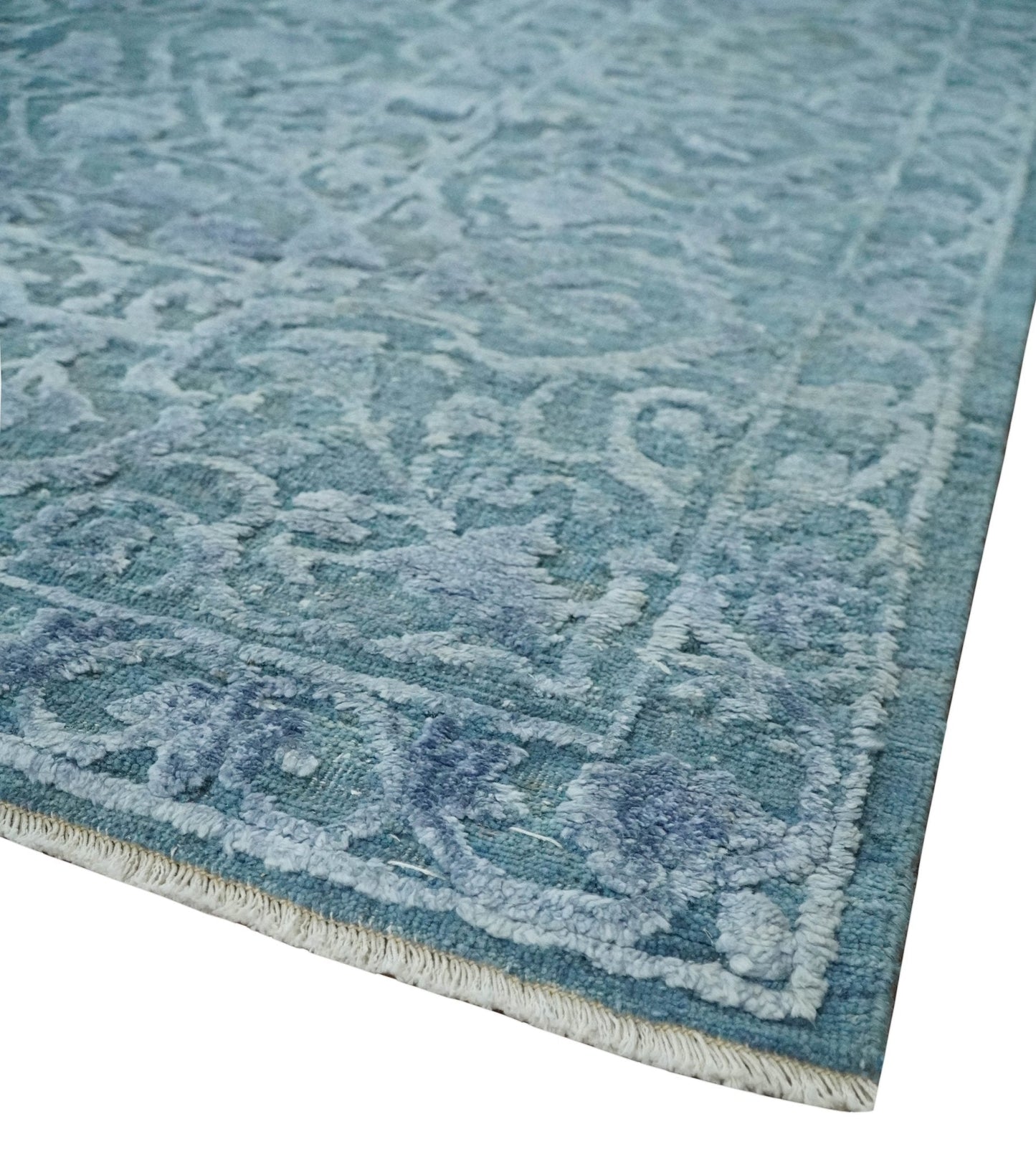 8x9.7 Blue Antique Style, Distressed Finish Hand Carved Traditional Medalian Hand Knotted Wool and Silk Rug