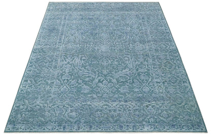 8x9.7 Blue Antique Style, Distressed Finish Hand Carved Traditional Medalian Hand Knotted Wool and Silk Rug