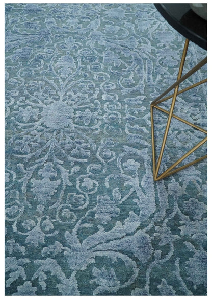8x9.7 Blue Antique Style, Distressed Finish Hand Carved Traditional Medalian Hand Knotted Wool and Silk Rug