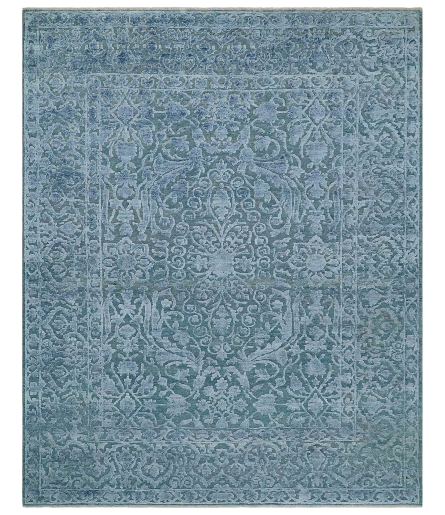 8x9.7 Blue Antique Style, Distressed Finish Hand Carved Traditional Medalian Hand Knotted Wool and Silk Rug