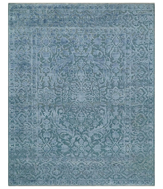 8x9.7 Blue Antique Style, Distressed Finish Hand Carved Traditional Medalian Hand Knotted Wool and Silk Rug