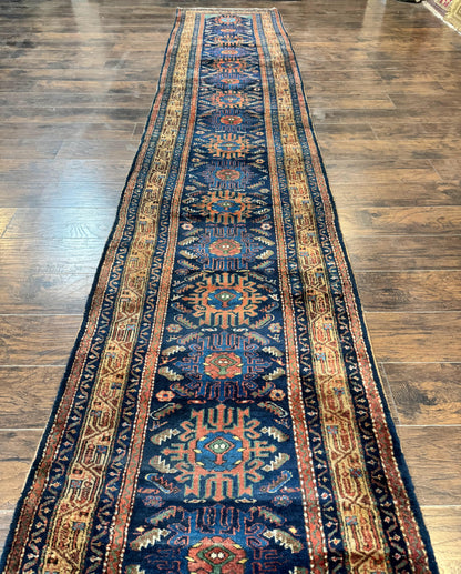 Antique Persian Sarab Runner 3x17, Blue Persian Runner Rug, Long Handmade Wool Carpet for Hallway, Rare, Tribal