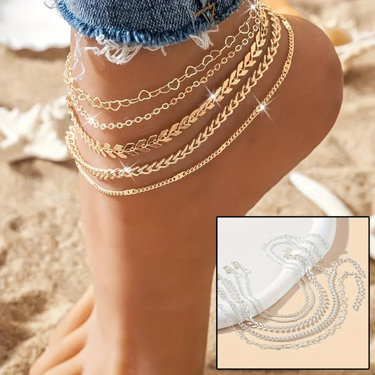 5 szt. boho łańcuszki na kostkę z łańcuszkiem w kształcie serca, bransoletki na kostkę dla kobiet na letnią plażę, moda