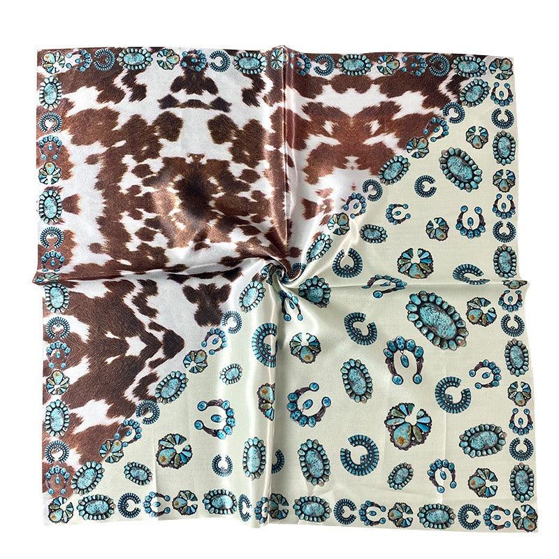Western Style Cow Pattern Turquoise Scarf – Elegant Cowgirl Accessory