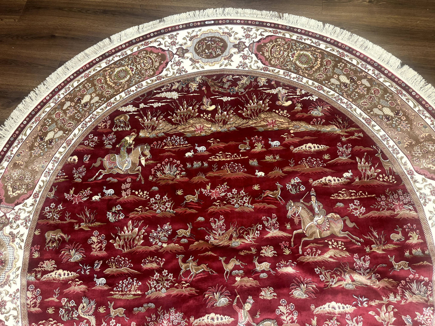 Large Round Turkish Silk Rug 8x8, Hunting Design, Dark Red & Ivory, Bamboo Silk