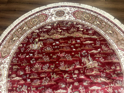 Large Round Turkish Silk Rug 8x8, Hunting Design, Dark Red & Ivory, Bamboo Silk