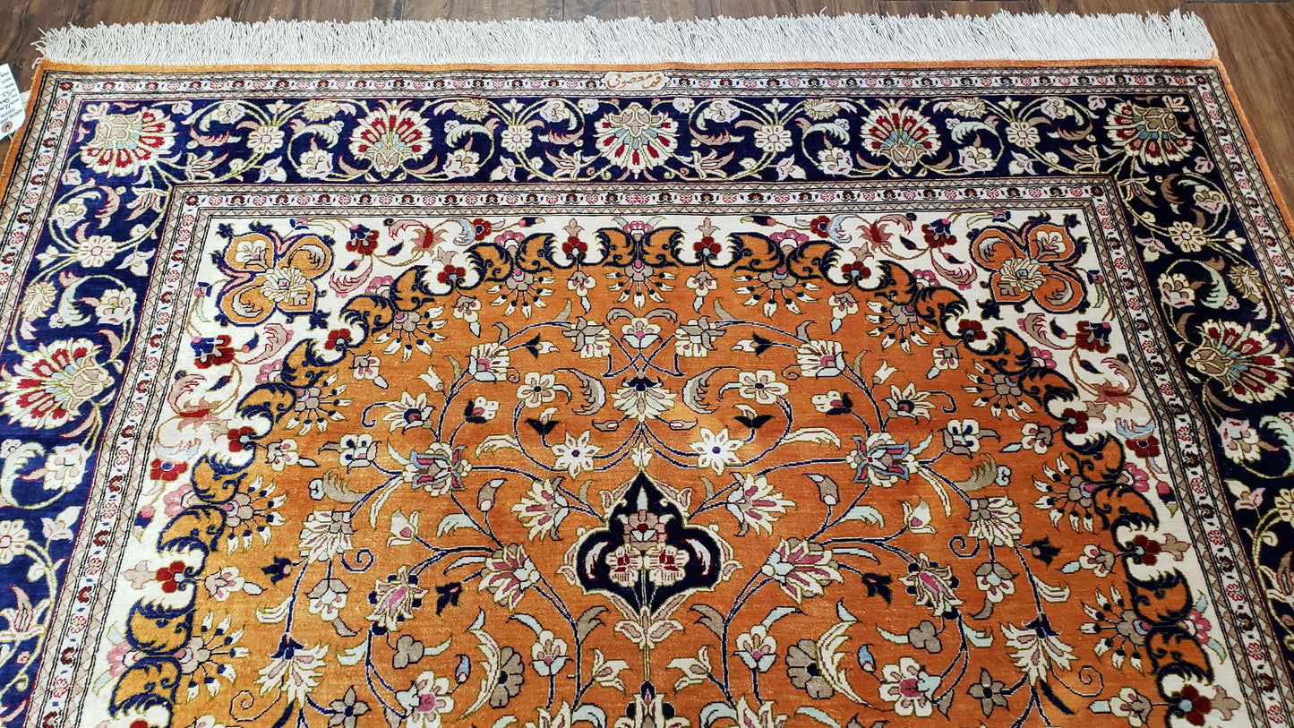 Vintage Persian Qum Silk Rug 4.6 x 6.7, Burnt Orange and Navy Blue, Antique Oriental Very Fine Signature Master Weaver 350+ KPSI Ghom Qom 5x7 Rug