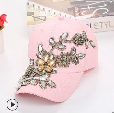 Cowgirl's Diamond Embroidery Flower Baseball Cap