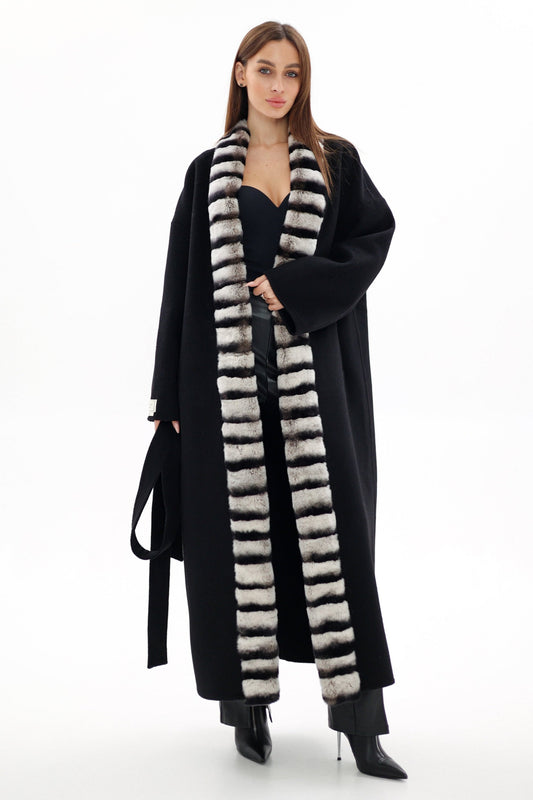 Genuine  French Orylag Fur Italian Cashmere Wool Coat 130cm
