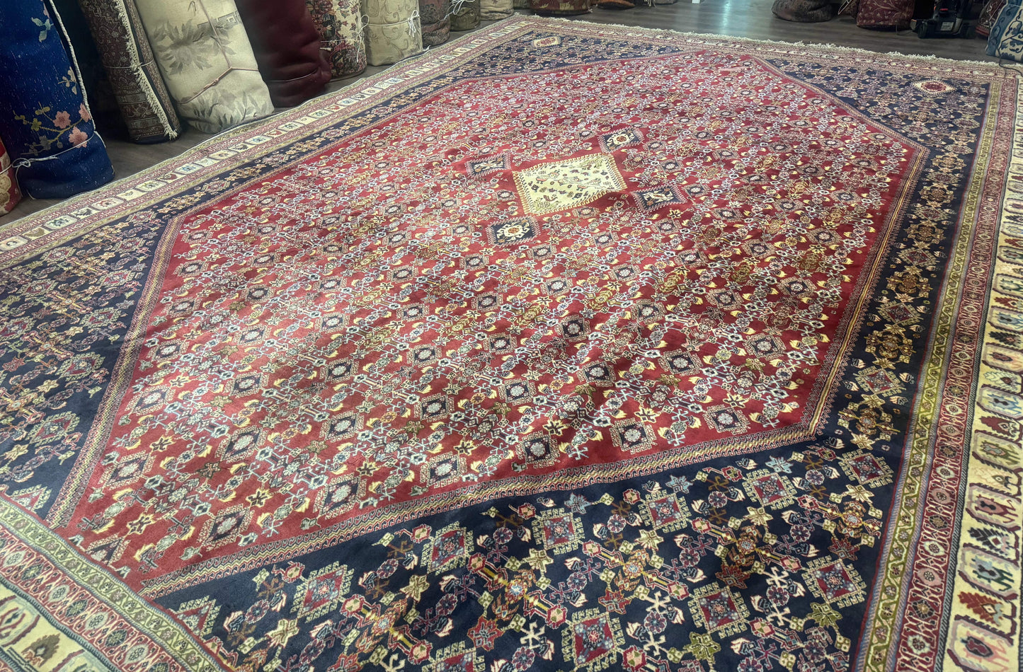 Palace Size Persian Shiraz Rug 13x19, Tribal Rug, Herati Pattern, Brick Red Navy Blue Beige, Oversized Persian Wool Area Rug, Extra Large