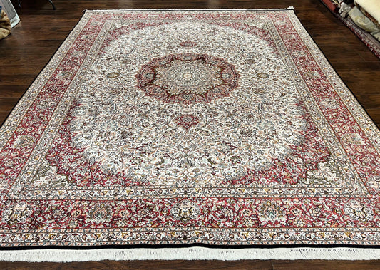 Silk Indian Kashmiri Rug 9 x 11 ft, Room Sized Silk Vintage Indo Persian Handmade Hand Knotted Fine Oriental Carpet, Ivory and Maroon