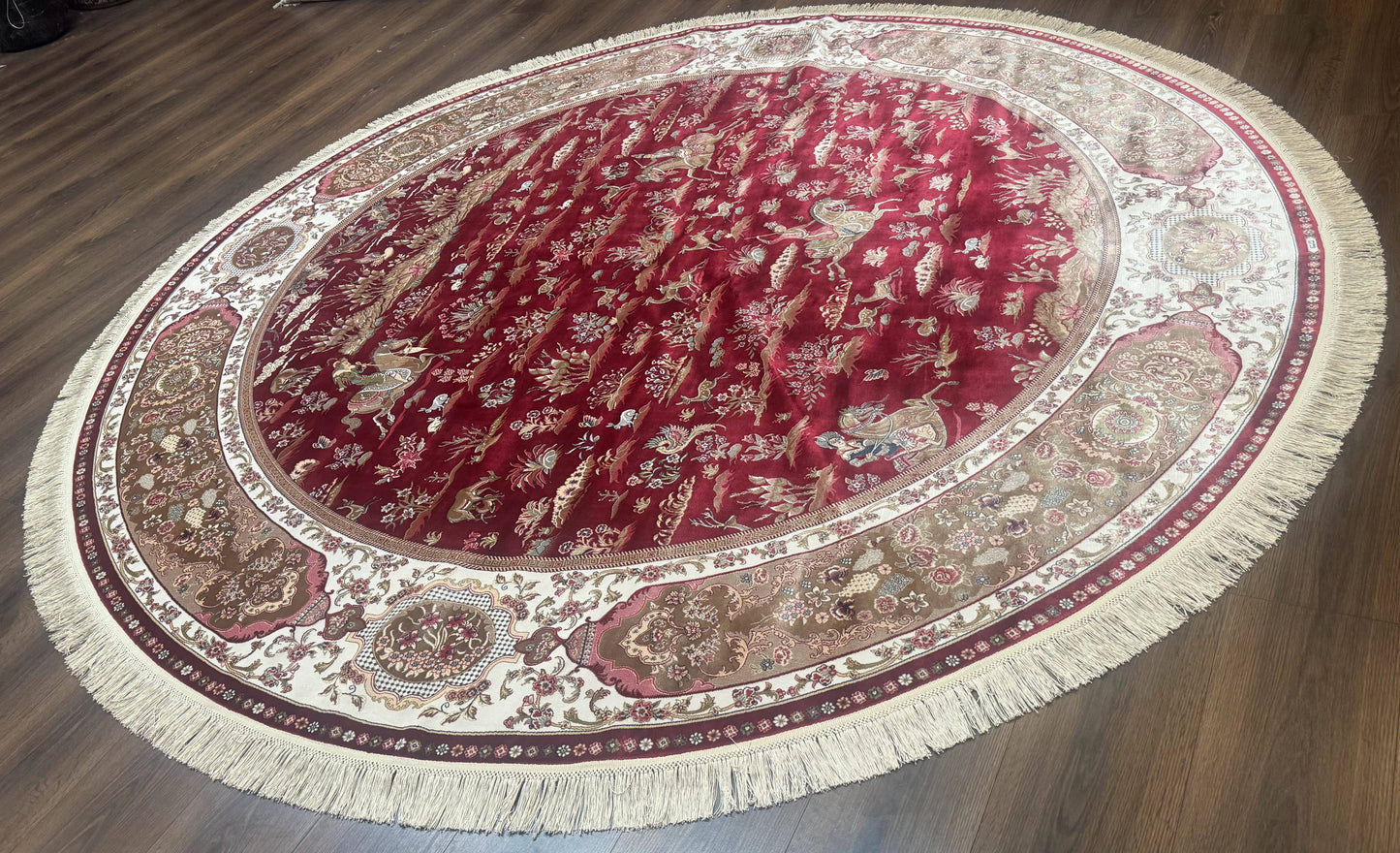 Large Round Turkish Silk Rug 8x8, Hunting Design, Dark Red & Ivory, Bamboo Silk