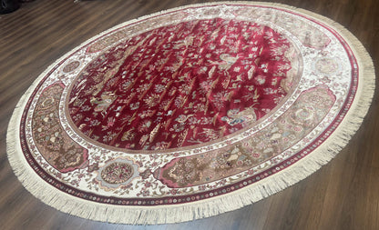 Large Round Turkish Silk Rug 8x8, Hunting Design, Dark Red & Ivory, Bamboo Silk