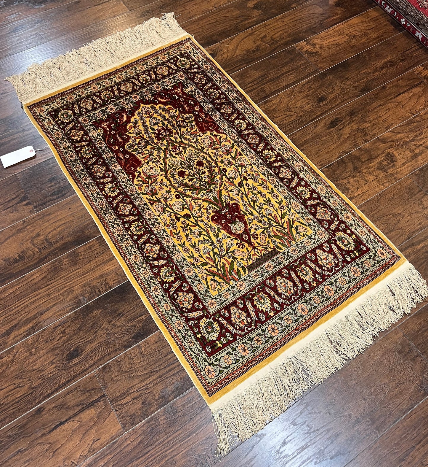 Wonderful Silk Turkish Hereke Prayer Rug 2.8 x 4.5, Tree of Life Design, Signature from Master Weaver, Gold and Burgundy, Handmade, 625 KPSI