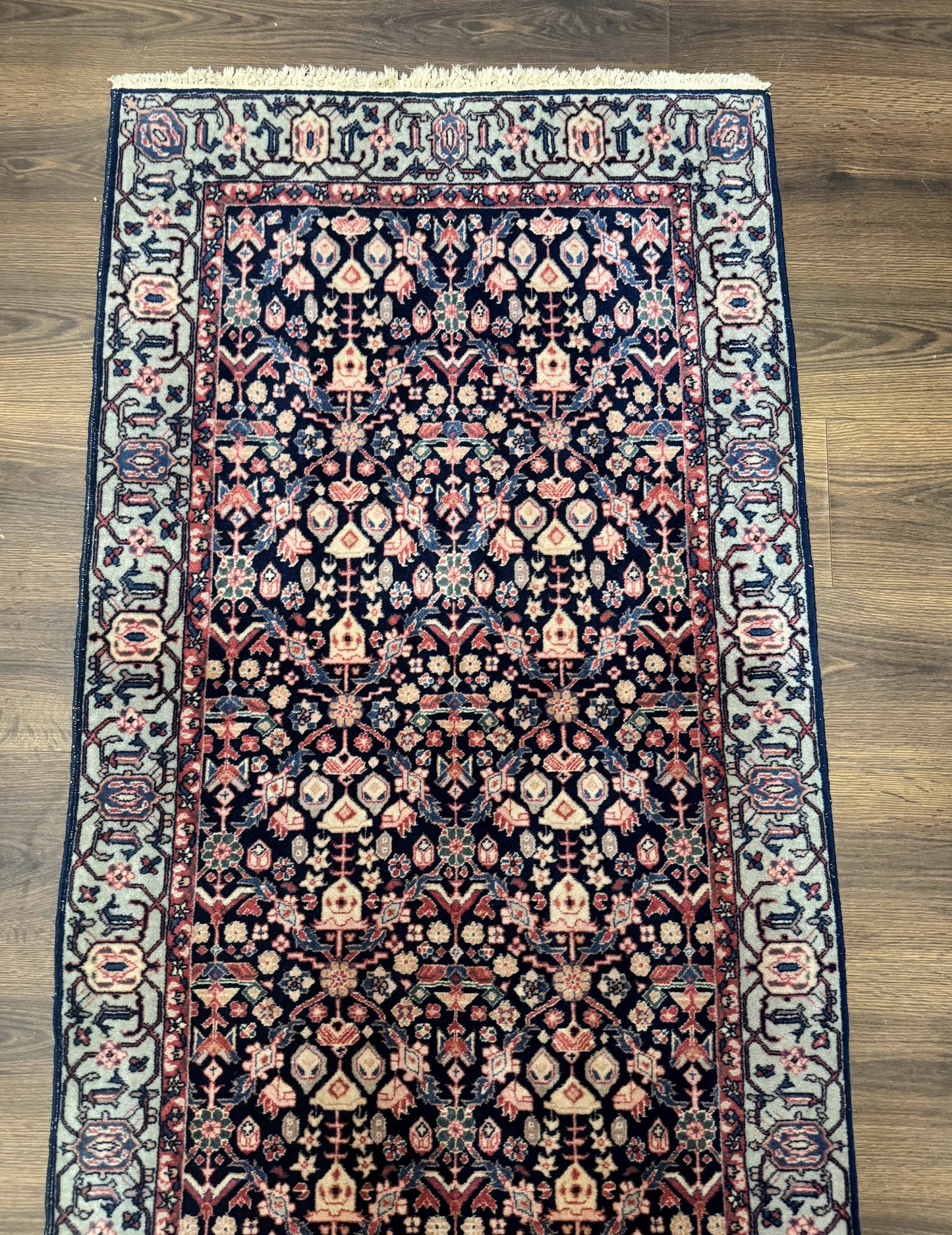 Indo Persian Runner Rug 2.8 x 12, Navy Blue, Floral, Fine 270 KPSI