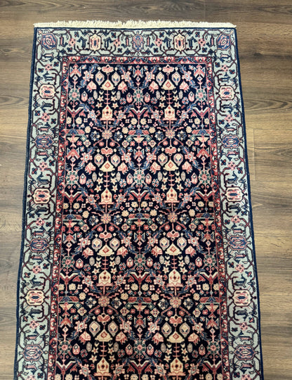 Indo Persian Runner Rug 2.8 x 12, Navy Blue, Floral, Fine 270 KPSI