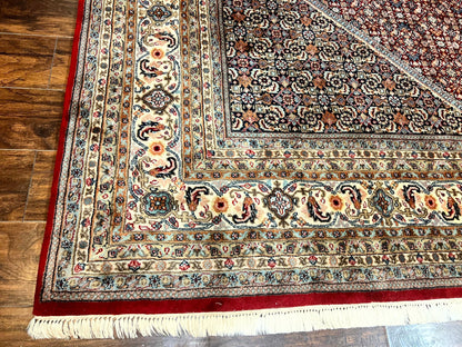 Square Indo Persian Bidjar Rug 10x10, Red, Handmade Vintage Wool Carpet