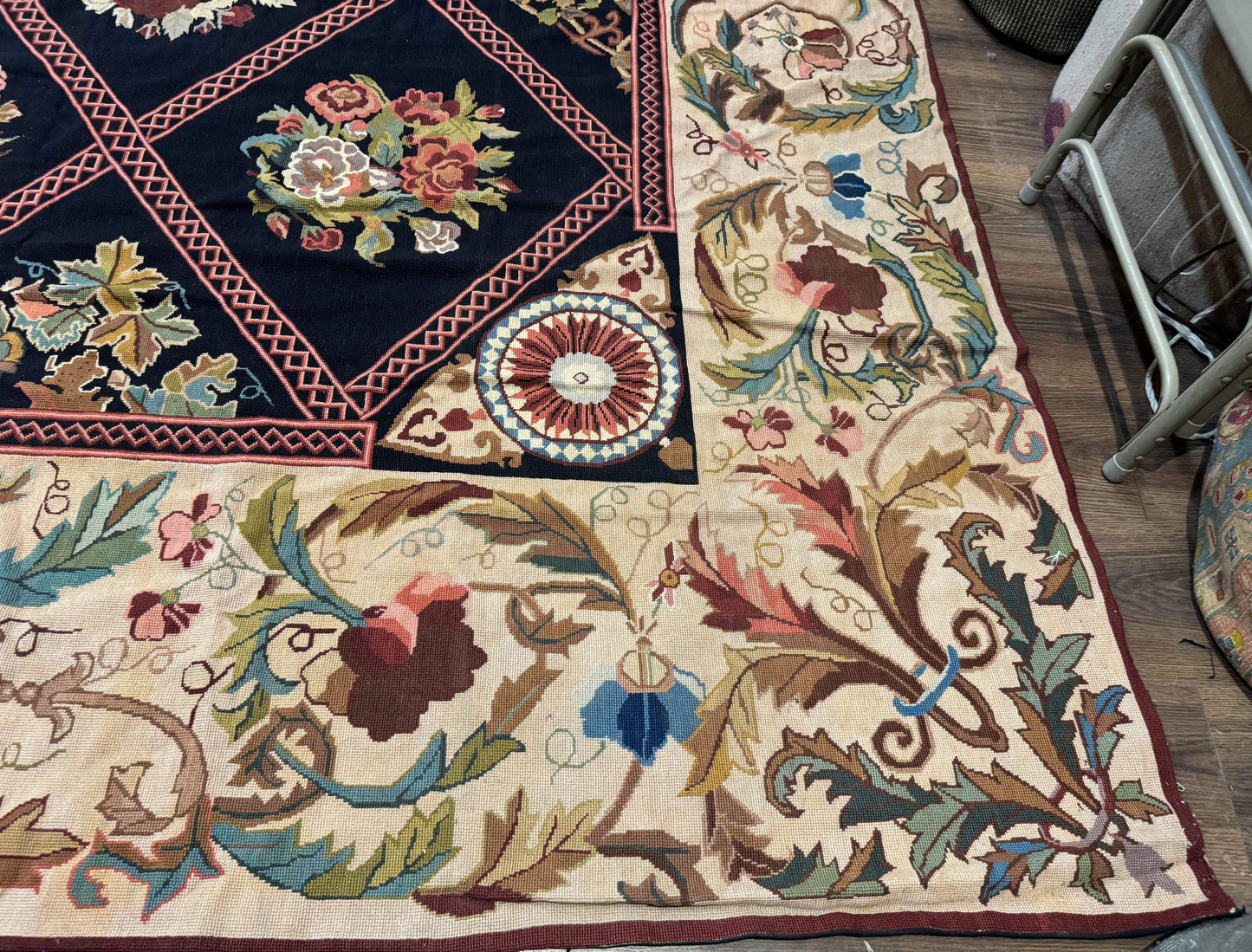 Palace Size Needlepoint Rug 12x20, European French English Aubusson Floral Design, Black and Beige