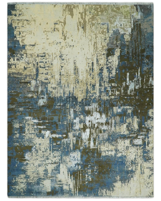 9x12 Fine Hand Knotted Beige and Blue Modern Abstract Style Antique Wool and Silk Area Rug | AGR31
