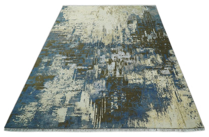 9x12 Fine Hand Knotted Beige and Blue Modern Abstract Style Antique Wool and Silk Area Rug | AGR31